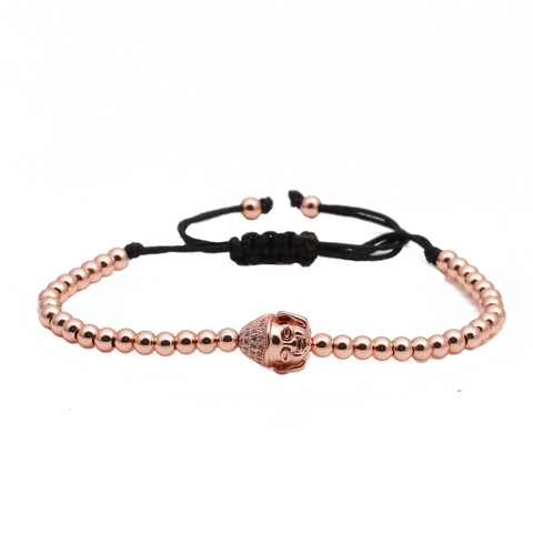 Bracciale a Perline in Rame a Forma di Testa di Buddha Fatto a Mano per Uomo Donna Corda Intrecciata Regolabile Strass Braccialetto
