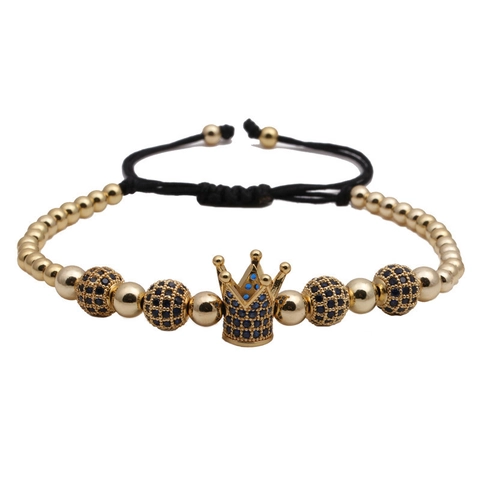 Bracelet de Luxe en Perles Couronne pour Hommes Cuivre Zircone Micro Incrustée Bracelet Ajustable en Corde Tressée Bijoux de Mode Quotidienne