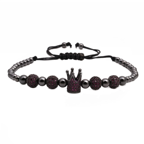 Bracelet de Luxe en Perles Couronne pour Hommes Cuivre Zircone Micro Incrustée Bracelet Ajustable en Corde Tressée Bijoux de Mode Quotidienne