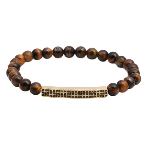 Natural Stone Tiger Eye Turquoise Beaded Bracelet Copper Micro Pave Rhinestone Bar Charm Bracelet For Men Women Fashion Jewelry