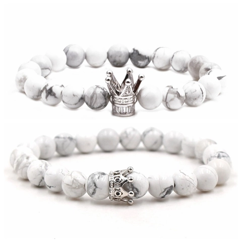 Braccialetto di Perline con Corona in Pietra Naturale Lega di Rame Turchese Bianco Perline Nere Opache Gioielli Elastici per Coppie Uomo Donna