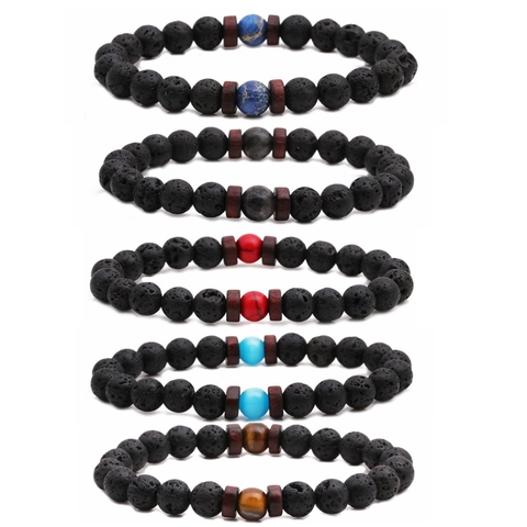 Bracciale Con Perline In Pietra Lavica Naturale Con Perline In Legno Bracciale Chakra Retro Etnico Per Uomo Donna
