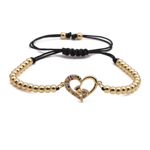 Gold Copper Zirconia Heart Bracelet With Baby Footprint Pendant Handmade Braided Adjustable Bead Bracelet For Women Jewelry Gift