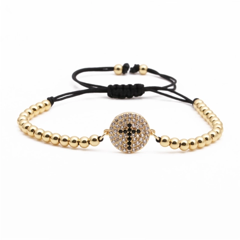 Westliches Kupfer Mikro Pflaster Zirkonia Kreuz Anhänger Armband Für Damen Goldperlen Schwarz Geflochtenes Verstellbares Seil Schmuck