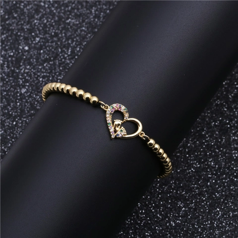 Fashion Gold Plated Copper Beaded Bracelet With Multi Color Cubic Zirconia Heart Baby Foot Pendant Adjustable Cord Women Jewelry