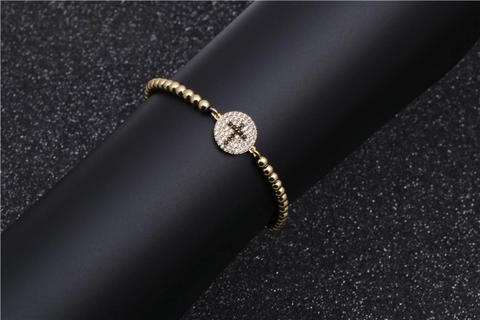 Westliches Kupfer Mikro Pflaster Zirkonia Kreuz Anhänger Armband Für Damen Goldperlen Schwarz Geflochtenes Verstellbares Seil Schmuck