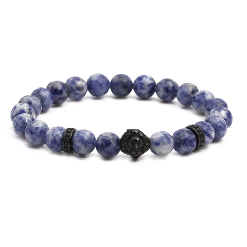 Pulsera Vintage de Acero Inoxidable Con Cabeza de León y Cuentas de Piedra Sodalita Azul Natural Pulsera Elástica Unisex