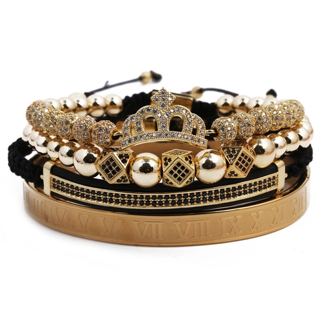 Luxury Copper Bracelet Set Crown Charm Zirconia Inlaid Metal Beads Roman Numerals Adjustable Braided Rope Hip Hop Jewelry