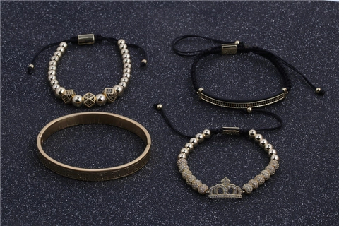 Luxury Copper Bracelet Set Crown Charm Zirconia Inlaid Metal Beads Roman Numerals Adjustable Braided Rope Hip Hop Jewelry