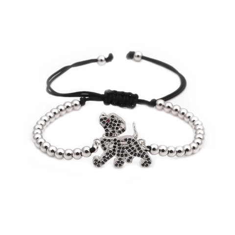 Bracciale di Perline Intrecciato a Mano Regolabile Con Ciondolo a Forma di Cane in Zirconia Nera Gioielli in Rame da Donna