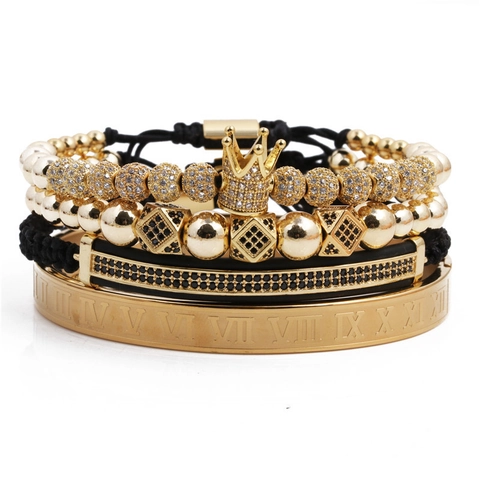 Bangle Bracelet Tissé Perles Couronne Luxe Cuivre Zircone Chiffres Romains Bijoux Décoration Pour Hommes Unisexe