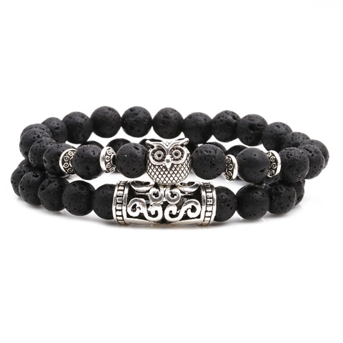 Set di Braccialetti di Perline in Pietra Lavica in Rame Vintage Retrò Etnico Animale Gufo Leone Elefante Testa di Buddha Uomo Donna