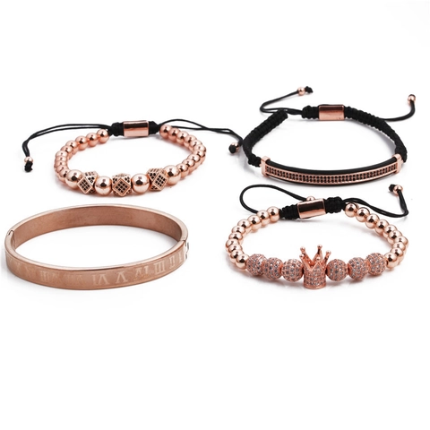 Kupfer Zirkon Krone Anhänger Perlen Armband Mit Römische Zahlen Armreif Geflochtenes Seil Schmuck Für Herren