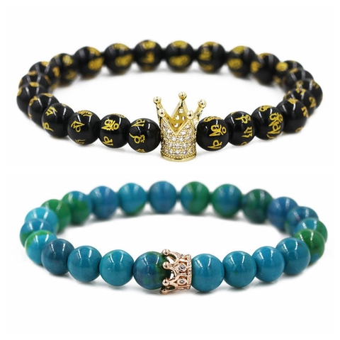 Westerse Stijl Natuursteen Kralen Armband Set Voor Koppels Kroon Hanger Zes Woorden Mantra Zirconia Koperen Armband Sieraden