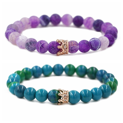 European American Natural Stone Crown Beaded Bracelet For Couples Copper Inlaid Zirconia Phoenix Stone Stretch Hand String Jewelry