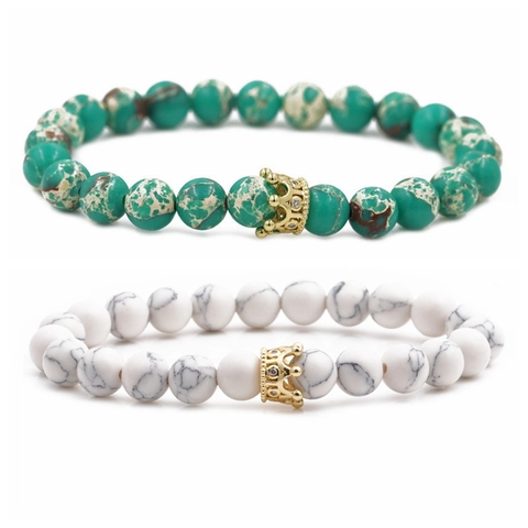 Naturstein Kaiserstein Weißer Türkis Perlenarmband Mit Kupfer Zirkonia Krone Für Damen Herren Mode Schmuck Geschenk