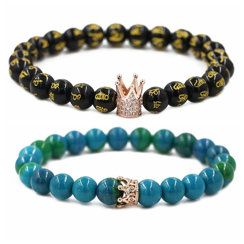 Westerse Stijl Natuursteen Kralen Armband Set Voor Koppels Kroon Hanger Zes Woorden Mantra Zirconia Koperen Armband Sieraden