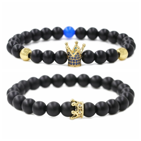 Fashion Matte Black Stone Crown Couple Bracelets With Zirconia Inlaid Copper Beads DIY Beaded Bracelet For Women Men Jewelry