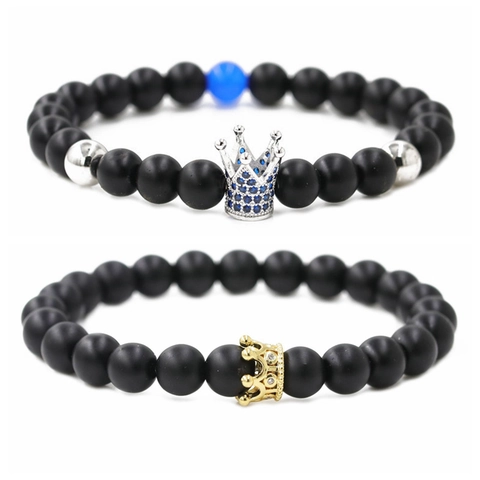 Fashion Matte Black Stone Crown Couple Bracelets With Zirconia Inlaid Copper Beads DIY Beaded Bracelet For Women Men Jewelry