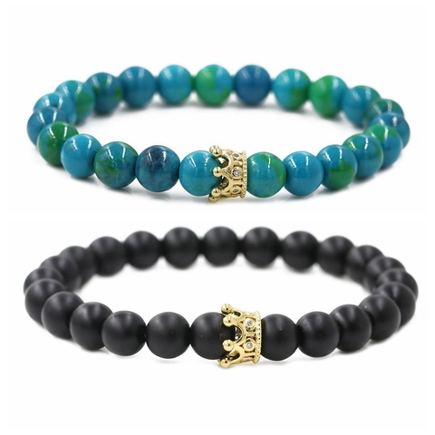 Retro Matte Black Stone Phoenix Stone Krone Perlenarmband Für Paare Kupfer Eingelegt Zirkonia Mode Schmuck Geschenk