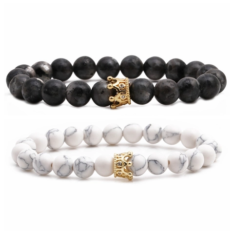 Bracciale in Rame a Corona per Coppia con Perline Intarsio in Zirconia Agata Turchese Bianco Labradorite Fatto a Mano Elastico Gioielli di Moda