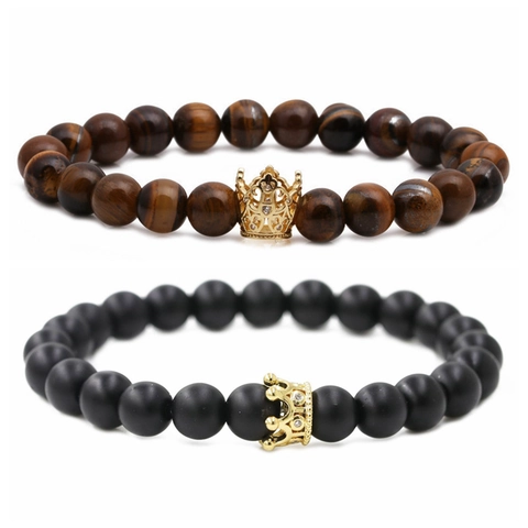 Bracciale con Perline in Zirconia a Corona Fatto a Mano Occhio di Tigre Pietra Vulcanica Perline Nere Opache Bracciale Elastico per Coppia Gioielli di Moda