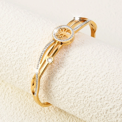 Elegante Brazalete De Acero Inoxidable Dorado Árbol De La Vida Calado Con Incrustaciones De Strass Joyería Para Mujer Regalo
