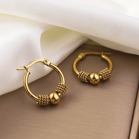 Orecchini a Cerchio in Acciaio Inossidabile Placcato Oro 18K Per Donna Orecchini Tondi con Perline Della Fortuna Design Intrecciato