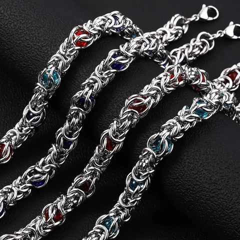 Byzantine Chain Bracelet Stainless Steel Inlaid Colorful Gemstones Adjustable Tail Chain Fashion Jewelry For Men Women