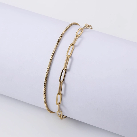 Edelstahl Doppellagiges Armband Für Damen Gold Überzogene Büroklammer Und Box Kettenglied Armband Geometrischer Modeschmuck Geschenk