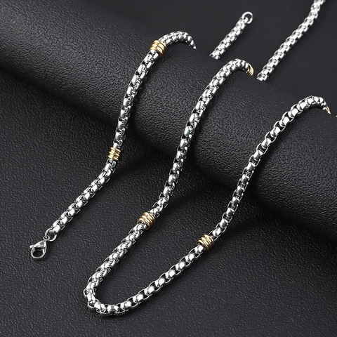 Collier Bracelet Minimaliste en Acier Inoxydable Bicolore Chaîne Box Bijoux en Acier au Titane Poli pour Hommes Femmes Quotidien
