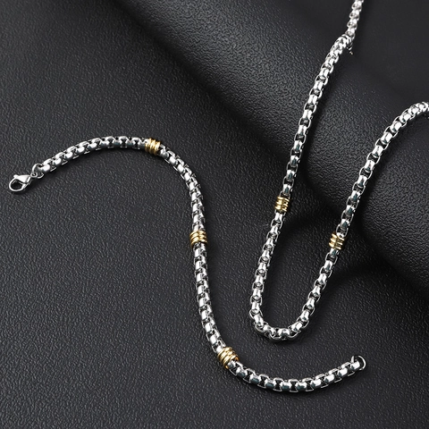 Collier Bracelet Minimaliste en Acier Inoxydable Bicolore Chaîne Box Bijoux en Acier au Titane Poli pour Hommes Femmes Quotidien