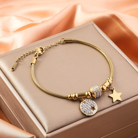Bracciale a Catena a Serpente in Acciaio Inossidabile di Moda Con Pendenti in Strass Malocchio Quadrifoglio Cuore Stella Oro da Donna