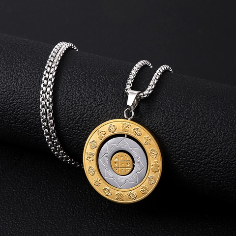 Vintage Titanstahl Drehbar Chinesische Tierkreiszeichen Acht Trigramme Anhänger Halskette Für Herren Damen Glücksschmuck Geschenk