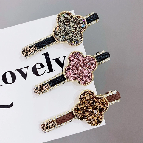 Koreanische Mode Legierung Strass Kleeblatt Hase Haarspange Geflochtene Seitenhaarnadel Süßer Eleganter Kopfschmuck Für Damen