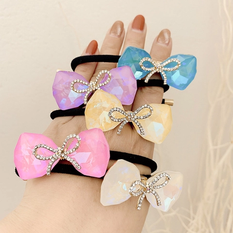Elegant Crystal Rhinestone Bow Knot Hair Tie Alloy High Elastic Hair Rope Ponytail Holder For Women Girls Wedding Jewelry