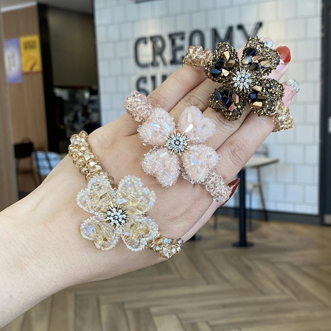 Elastici per Capelli Coreani in Perline di Cristallo Quadrifoglio Orso Fiocco Strass Elastico per Capelli da Donna Gioielli