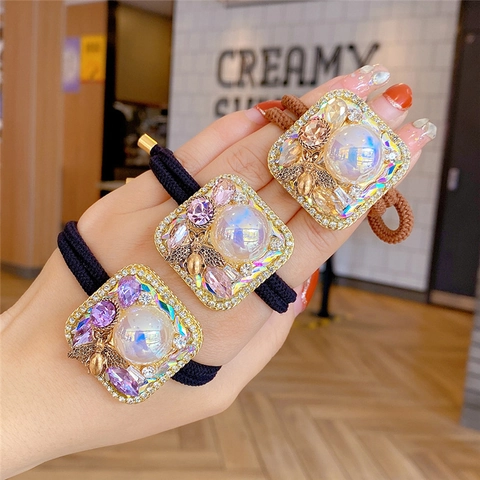 Retro Heart Square Hair Tie For Women Artificial Pearl Rhinestone Bee Ponytail Holder Elegant Elastic Hair Accessories Gift