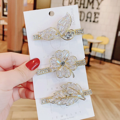 Fermaglio per Capelli in Lega Coreana con Strass a Forma di Fiore e Foglia Elegante Forcina in Cristallo Lucido per Donna
