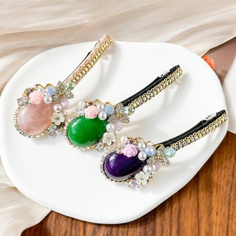 Barrette de Cheveux Baroque Vintage Pierre Oeil de Chat Emeraude Fleurs en Résine Künstliche Perles Strass Pince à Ressort Femme Bijoux