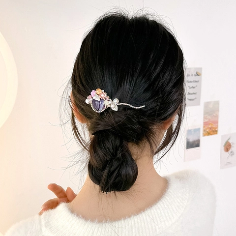 Elegante Fermaglio per Capelli Barocco con Strass e Perla Artificiale Fatto a Mano con Foglia e Molla in Stile Pietra Occhio di Gatto