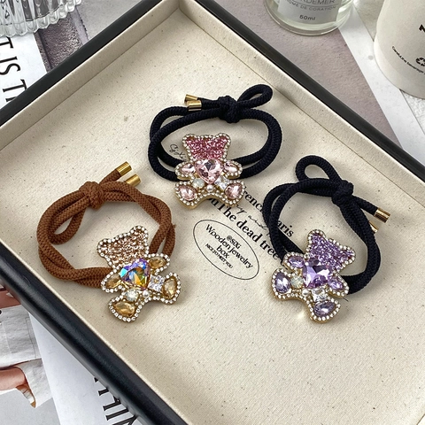 Koreaanse Stijl Legering Strass Beer Haarelastiekjes Met Hart Kristal Hoge Elastische Haartouwen Voor Vrouwen Sieraden