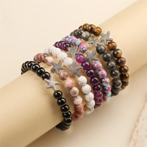 Natural Stone Agate Tiger Eye Beaded Bracelet For Men Women Bohemian Sea Star Shell Buddha Head Charm Handmade Elastic Jewelry