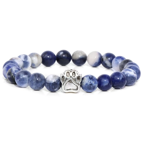 Natural Stone Beaded Bracelet Vintage Alloy Dog Paw Print Charm Elastic Yoga Healing Bracelet Unisex Fashion Jewelry Pet Lover Gift