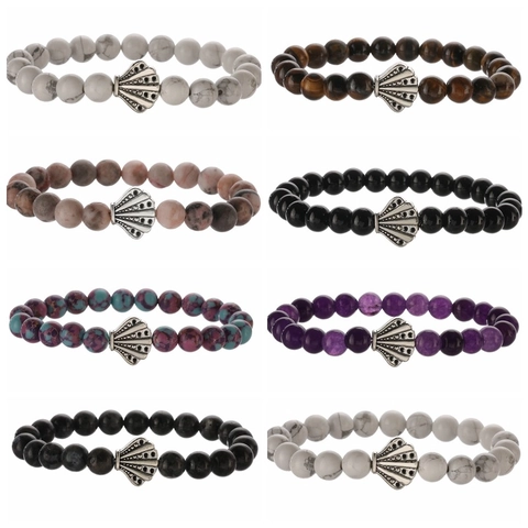 Handgefertigtes Naturstein Perlenarmband Mit Legierung Muschel Krone Anhänger Retro Bohemian Elastisches Armband Für Damen Herren Schmuck Geschenk