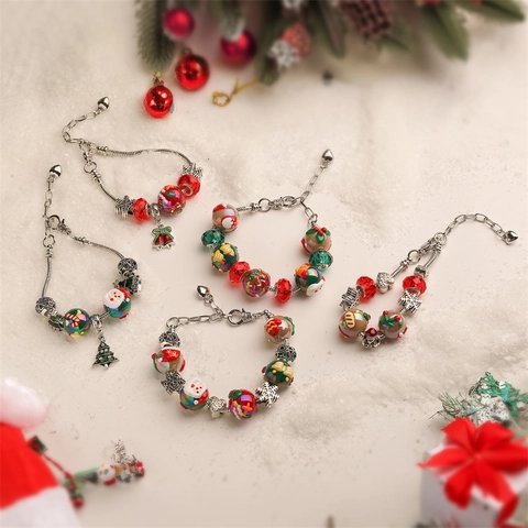Christmas Theme DIY Beaded Charm Bracelet Alloy Glass Rhinestone Snake Chain Snowflake Santa Claus Jewelry Gift For Women