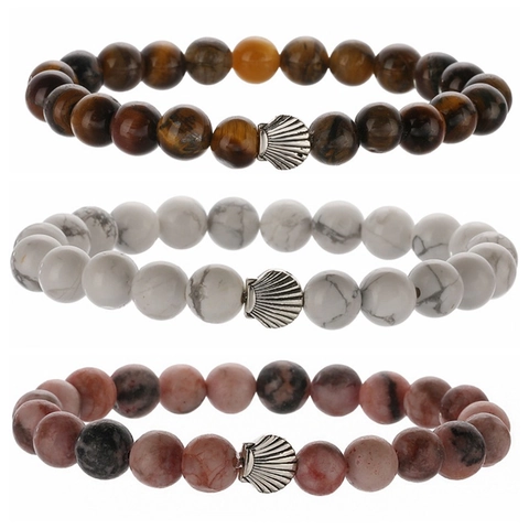 Natural Agate Stone Beaded Bracelet With Metal Shell Buddha Charm Handmade Elastic Yoga Jewelry For Men Women Daily Gift