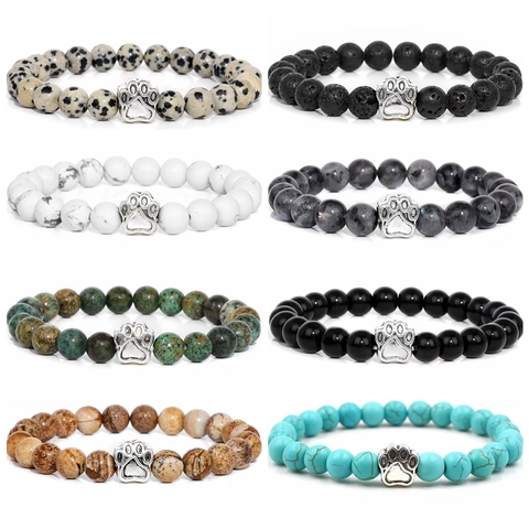 Natural Stone Beaded Bracelet Vintage Alloy Dog Paw Print Charm Elastic Yoga Healing Bracelet Unisex Fashion Jewelry Pet Lover Gift