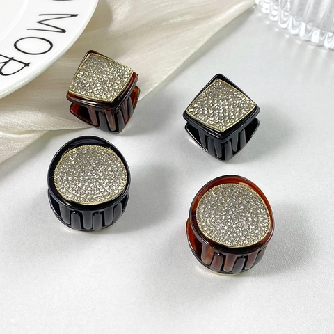 Luxury Rhinestone Mini Hair Claw Clip Round Geometric Square Fringe Hairpin Korean Elegant Alloy Hair Accessories For Women
