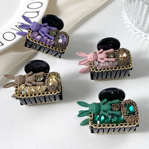 Pinza per Capelli Barocca a Forma di Coniglio per Donna Cristallo Artificiale Strass Catena in Metallo Dolce Accessorio per Capelli